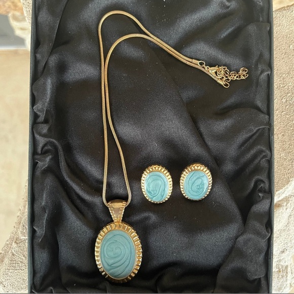 Vintage Necklace and Earring Set Aqua Enamel Swirl - Picture 1 of 3